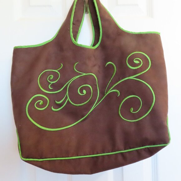 Handmade Deep Forest Green Suede Bag w/yellow green/gold twirly design stitching - Picture 2 of 7